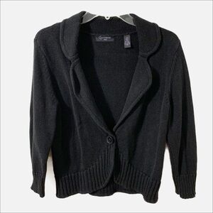 Context Petites Ramie Cotton Blend  3/4 Sleeve One Button Cardigan Sweater Black